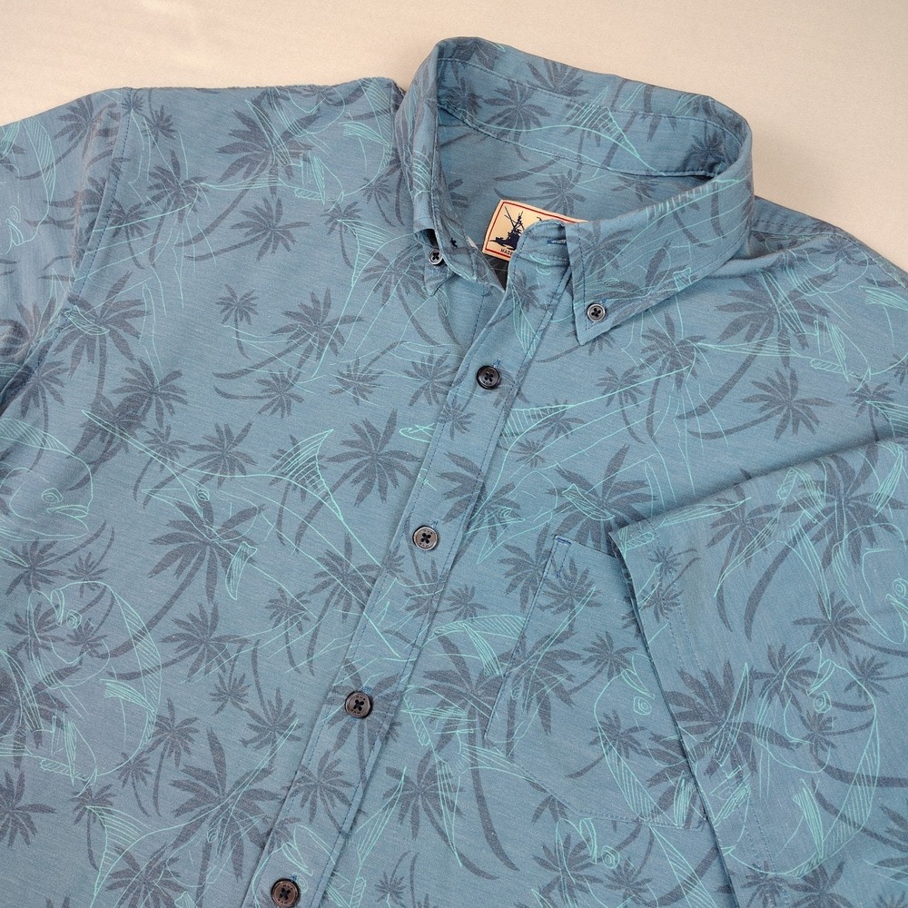 Huk Shirt Mens Small Blue Fish Palm Tree Short Sleeve Button Up Fishing Stretch